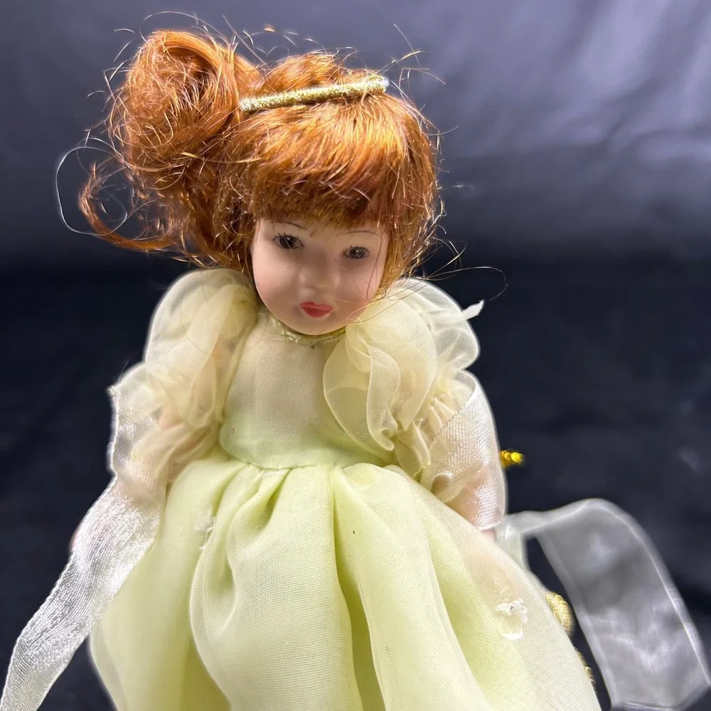Vintage Miniature Porcelain Angel Doll Red Hair Green Organza Dress Gold Halo